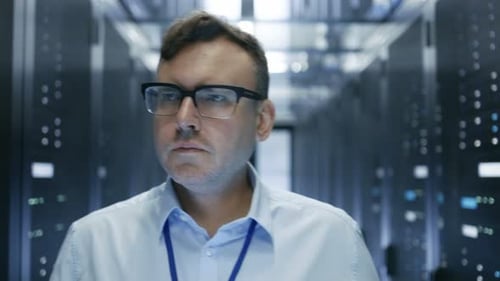 Follow-up Shot of IT Technician Walking Through Data Center. Rows of Working Server Racks are Visib