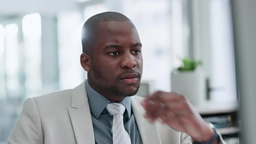 Business, black man and thinking at computer in office for problem solving