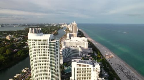 Overhead aerial of Miami Beach, Florida, resorts and hotels.