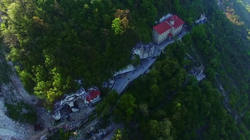 Religious buildings in the mountains. Old monastery and tower of Liadova monastery, Vinnytsia region