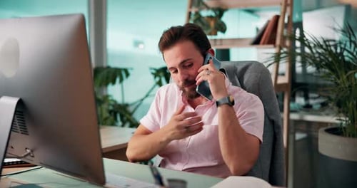 Computer, phone call and writing with man coding software in office for launch or testing