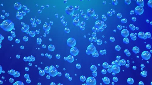 Floating up blue bubbles in water with shiny background , looped video, 4k , 60 fps