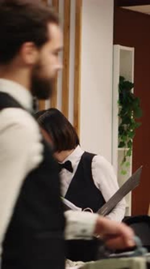Vertical Video Receptionist Checking Booking Info
