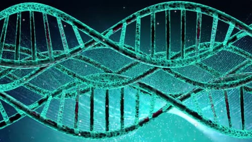 Rotating DNA Double Helix Structure with Glowing Particles Background