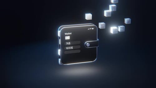 Digitale 3D-Wallet-App auf dem Smartphone mit leuchtenden Blockchain-Würfeln und Kreditkarte auf dunklem Hintergrund