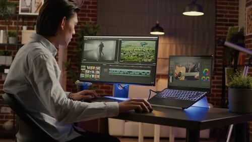 Freelancer Editor Working on Movie Editing Software to Edit Video Montage