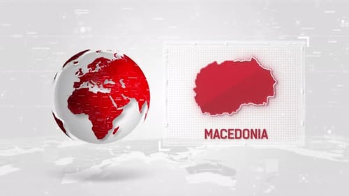 Makedonien 4K Tech Map neben dem Globus auf weißem Hintergrund