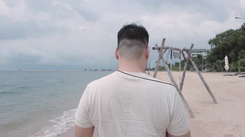 asiatischer Mann beim Spaziergang am weißen Sandstrand in den Sommerferien