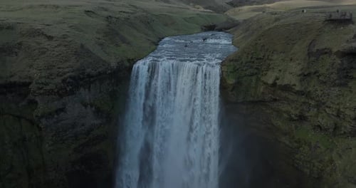 Aerial view of a beautiful waterfall in Skogafoss, Iceland.