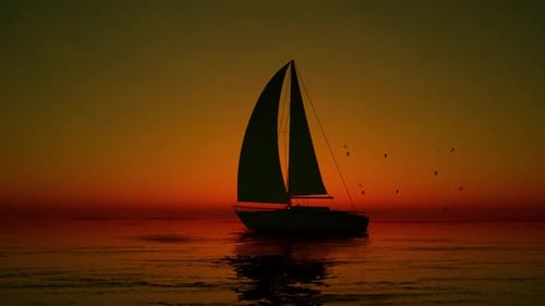 Animated Sailboat on Calm Ocean at Golden Sunset