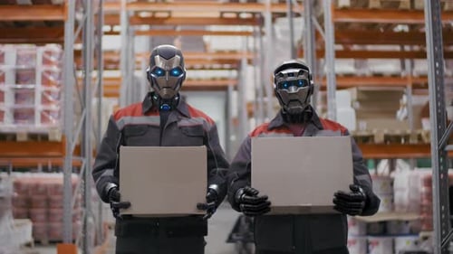 Humanoid Robots Standing In Stockroom