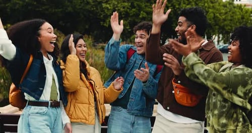 Hands stack, students and people with celebration, applause and college with achievement