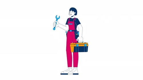 Female mechanic holding wrench toolbox cartoon animation