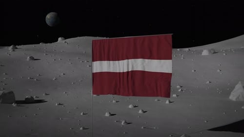 3D Animated Flag Waving on Lunar Surface with Distant Earth