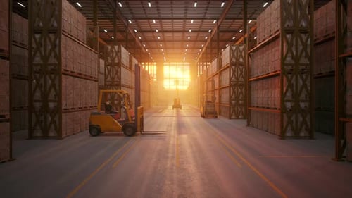Industrial Warehouse with Forklift Sunset Light Through Doorway