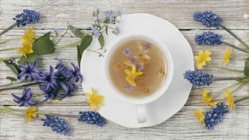 Healthy herbal tea in a white cup