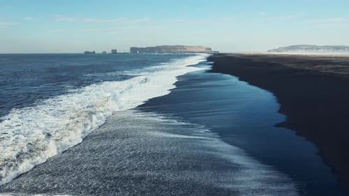 Aerial view - Black sand beach with waves at Reynisfjara Vik in Iceland