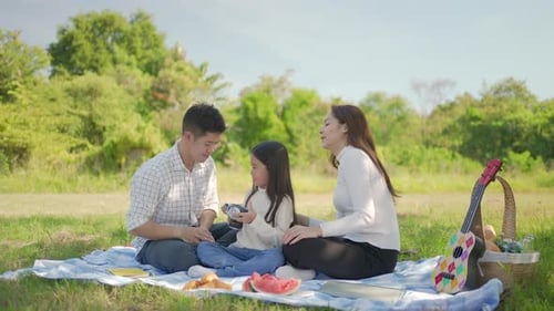 Family Enjoys a Picnic in Grassy Field