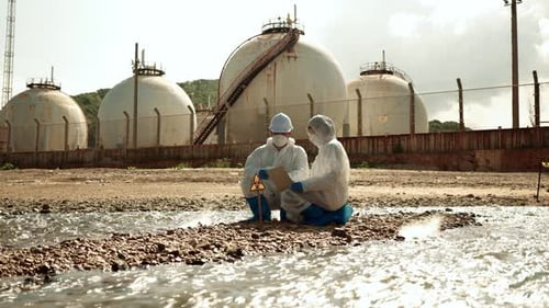 Scientists Collecting Samples near Industrial Area