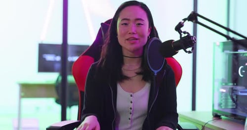 Podcast, headphones and microphone woman creative DJ, vlog presenter or speaker in radio station