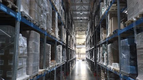 Warehouse Interior View with Boxes on Shelves Dolly