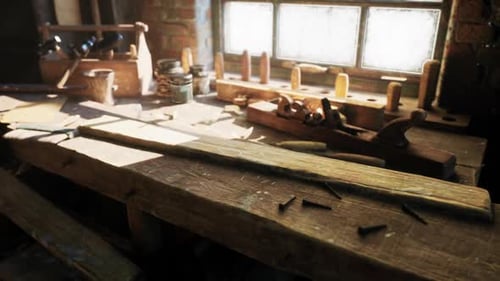 Old Carpentry Workshop Filled with Vintage Tools and Wooden Materials