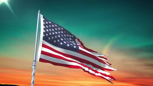 American Flag Waving In Patriotic Sunset Sky