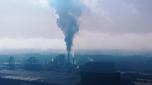 Smoke Emissions From Industrial Factory. Air Pollution. wide shot