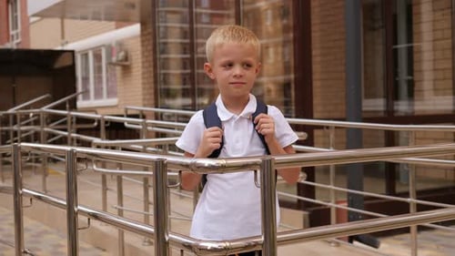 Portrait of a Little Schoolboy Boy with a Backpack Near a Modern School Buildi