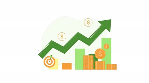 Investing financial growth with gold coin stacks and business success targets.