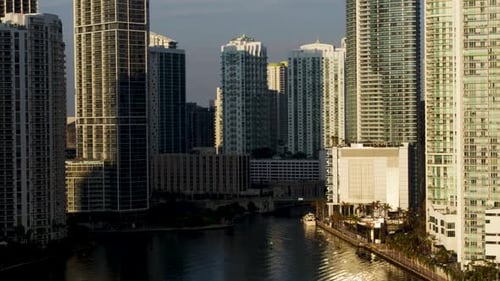 Downtown Miami Florida flyover captures turquoise water and white sand beaches
