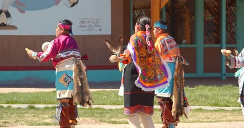 Taos Pueblo, New Mexico / Usa - April 11, 2019: Authentic Native American Dancers, Close Up, Slow...