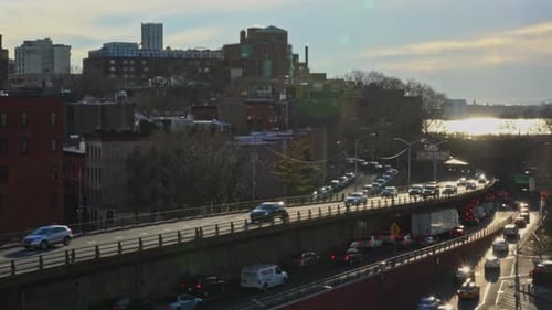 Brooklyn Bridge road and city skyline New York City