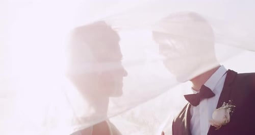 Bride and Groom Under Veil on Wedding Day
