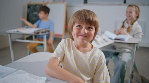 Portrait Cheerful Pupil Boy Looking Camera at School Happy Kid Sitting Class