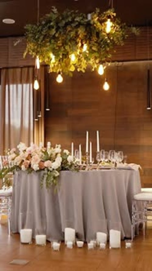 banquet hall in a restaurant with food, decor and flowers for a wedding or holiday.