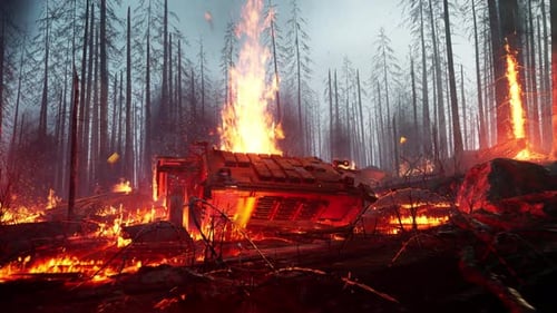 Burning Tank in Destroyed Forest War Scene