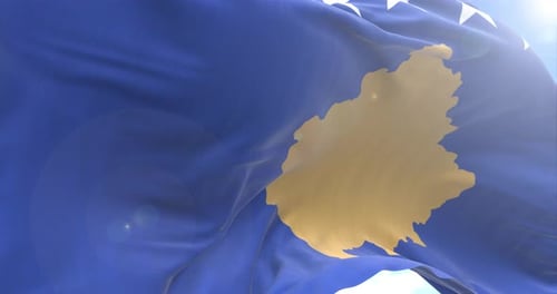 Realistic Waving Kosovo Flag with Blue Sky Background