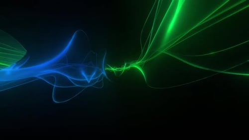 Dynamic blue and green energy waves flowing in dark abstract space