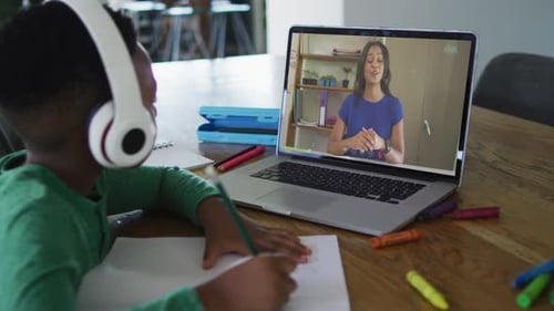 Child Participating in Virtual Learning Session at Home