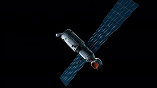 3D Satellite in Space with Solar Panels Rotating Animation