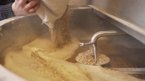 Produção de cerveja - Despejando grãos de malte no grande tanque de moagem da cervejaria - close up slowmo