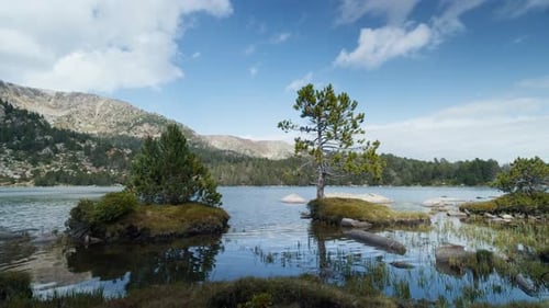 Mountain Lake Landscape at Sunny Day Waves on Water Surface and Blue Sky