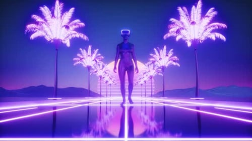 Personnage féminin marchant entre des palmiers luminescents en boucle de fond Synthwave