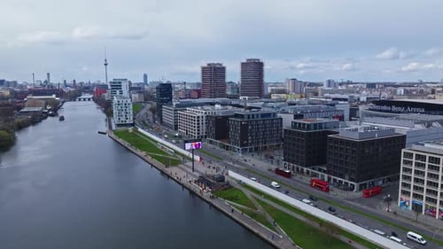 Aerial view of modern buildings on the bank of spree river , Berlin