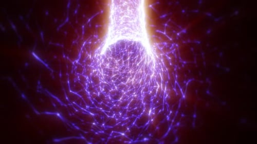 Abstract futuristic tunnel made of blue purple triangles and dots of particles of shiny hi-tech