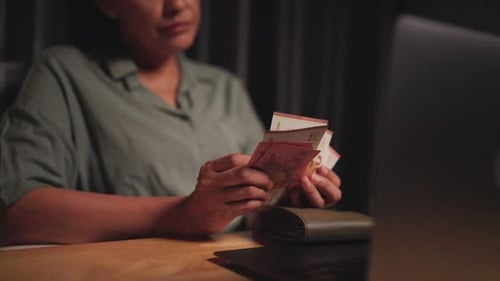 Economic downturn, working woman counting money from wallet, financial problems, savings planning, f