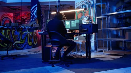 Hacker Leaving Secret Underground Base with Suitcase