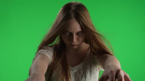 Medium Green Screen Chroma Key Video of a Posessed Female Woman Figure Ghost Poltergeist Zombie