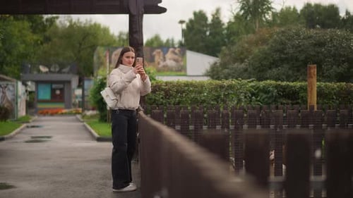 Urban Rain Photography Woman Takes Pictures of Rain Reflected in Wet Park Surroundings Casual